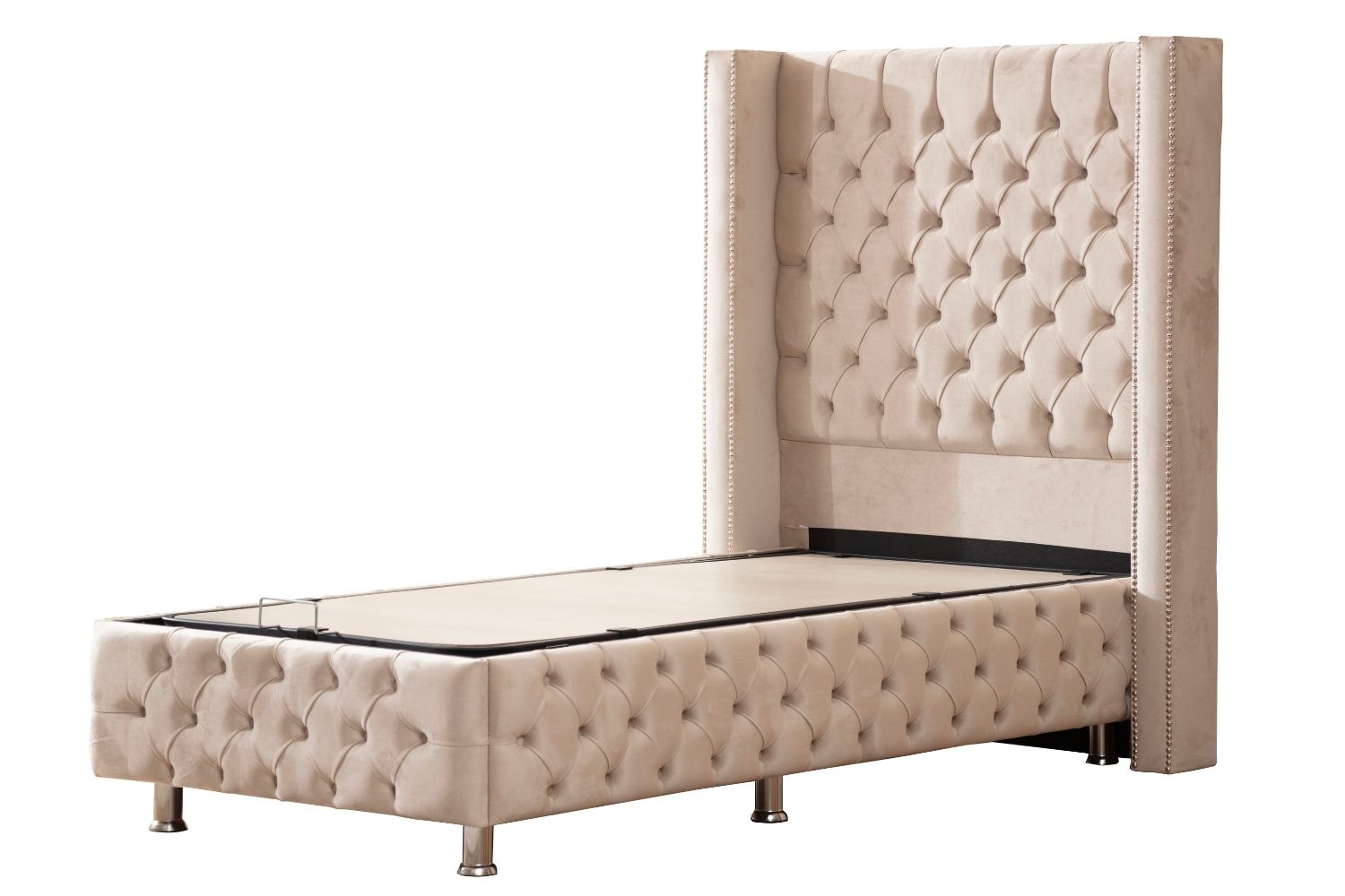 Lit Coffre enfant en velours beige capitonné CLOUTE