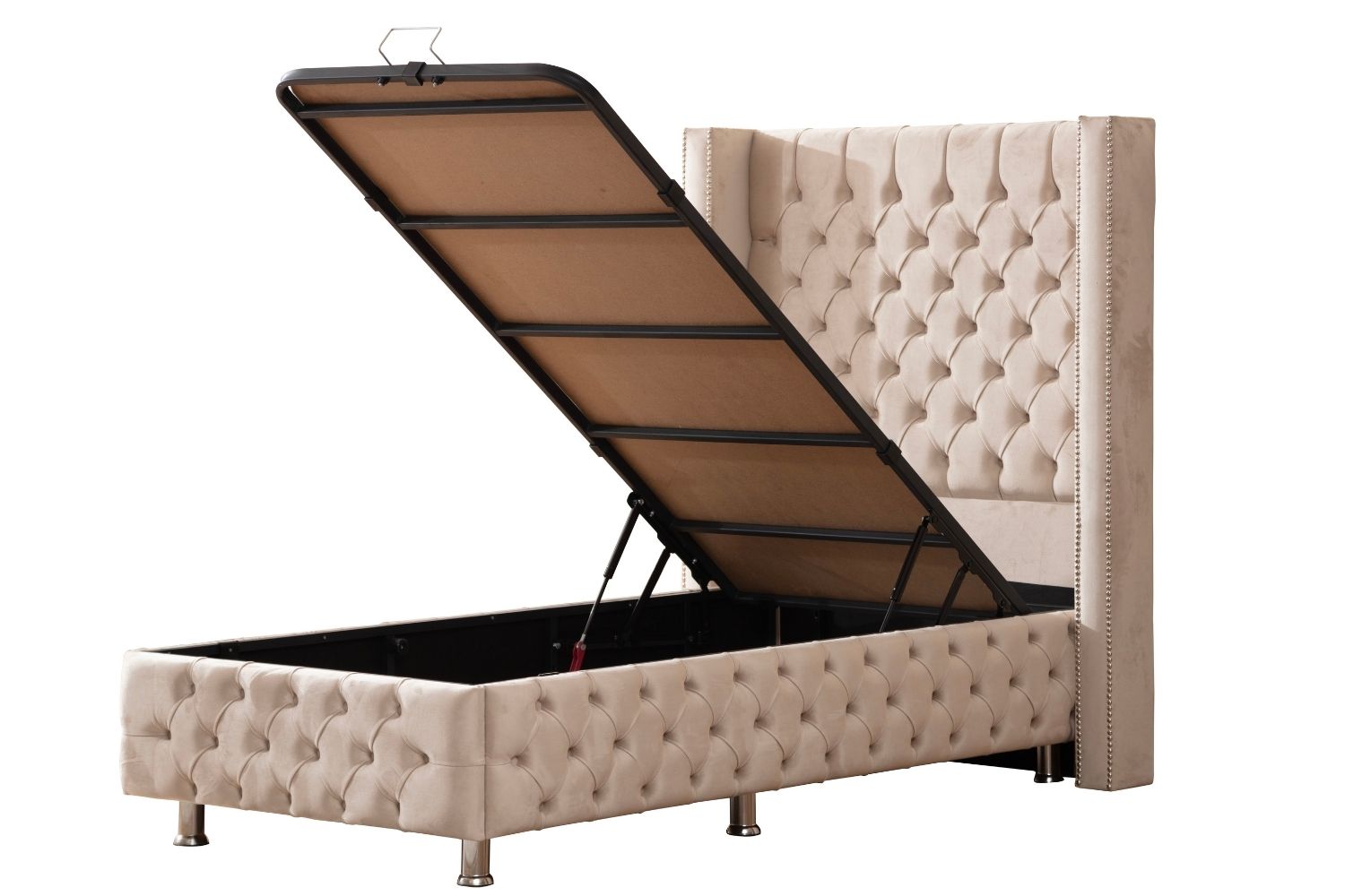 Lit Coffre enfant en velours beige capitonné CLOUTE
