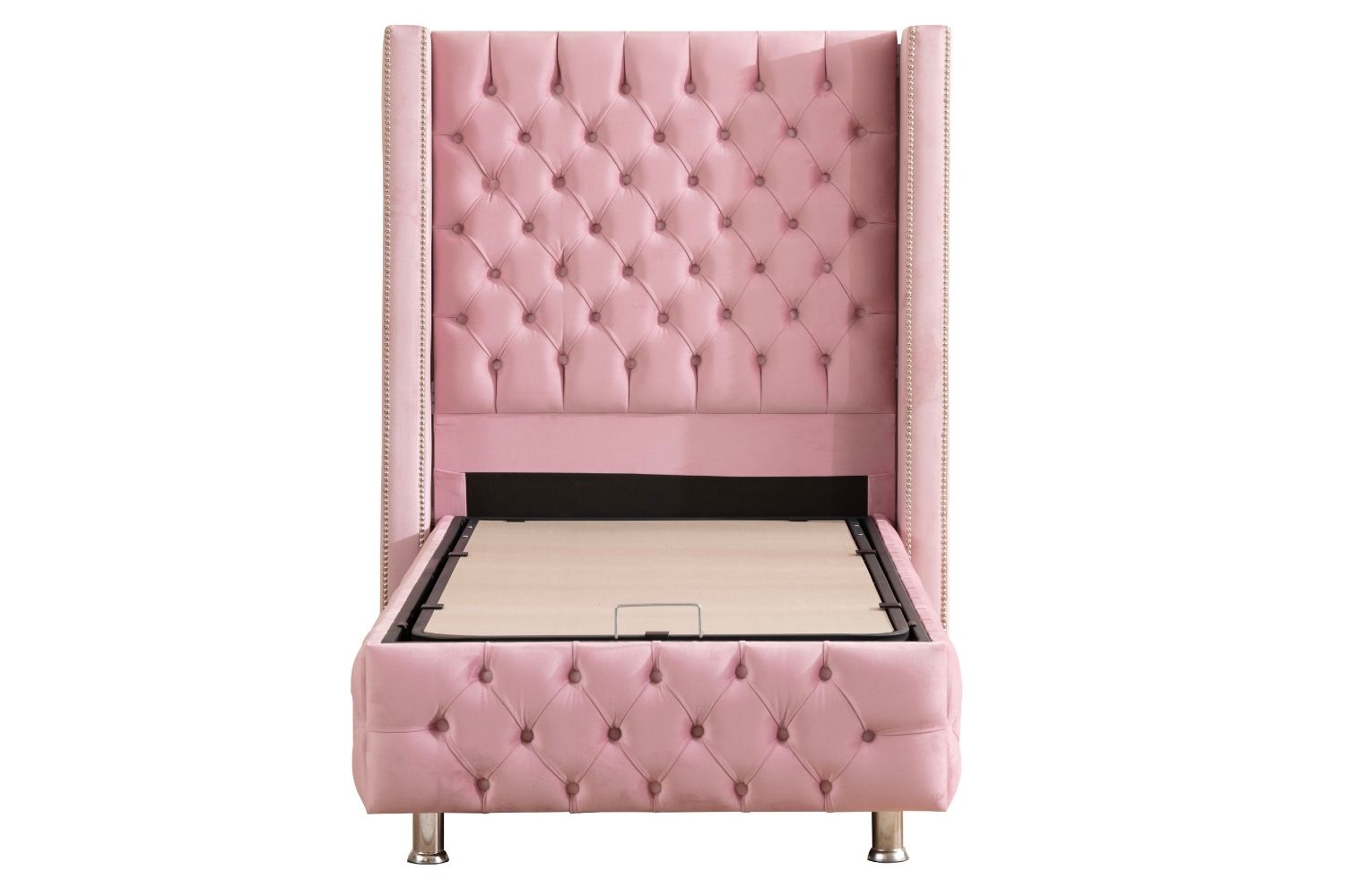Lit Coffre Enfant en velours rose capitonné CLOUTE