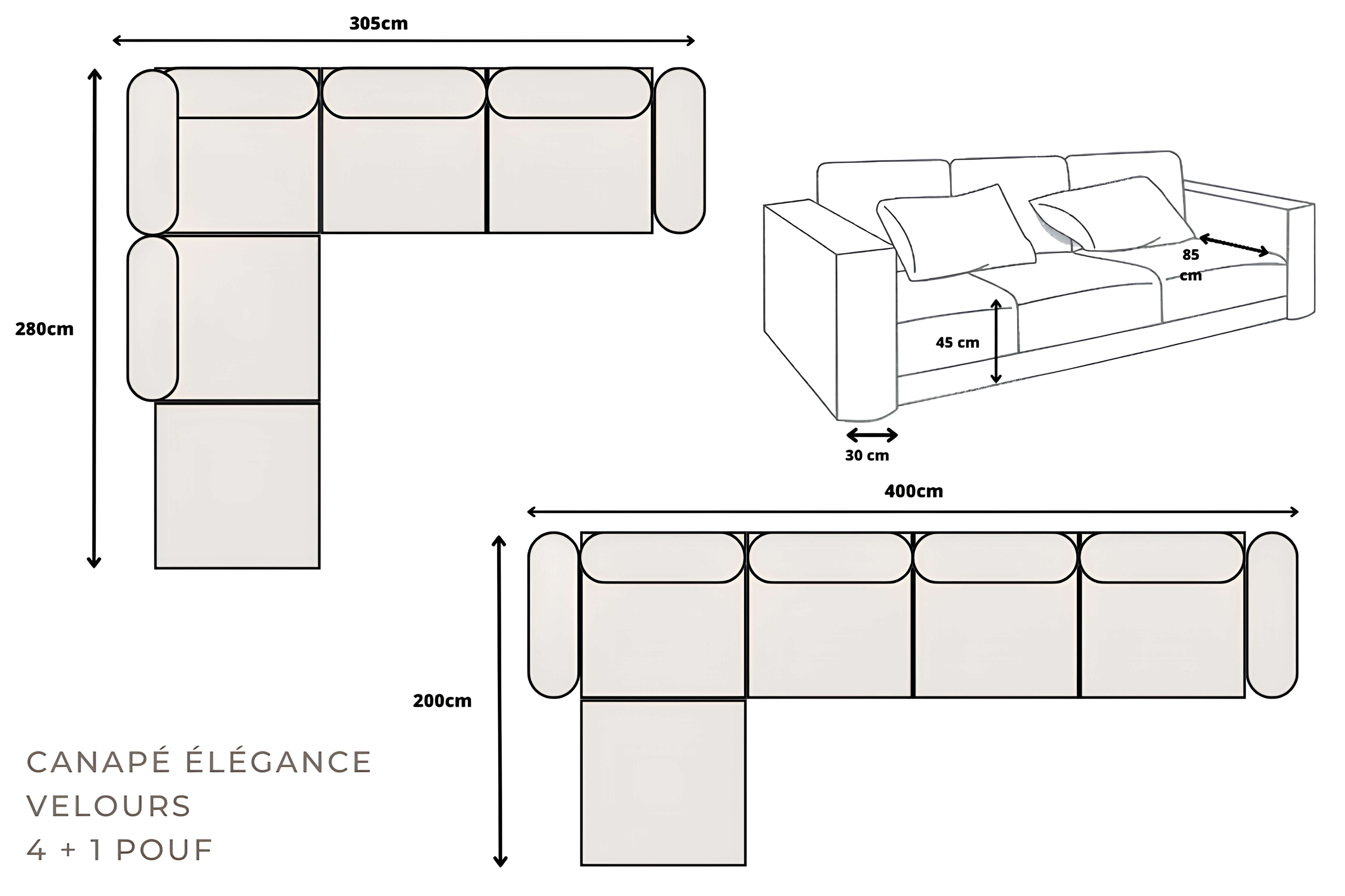 Canapé modulable 5 places velours Camille
