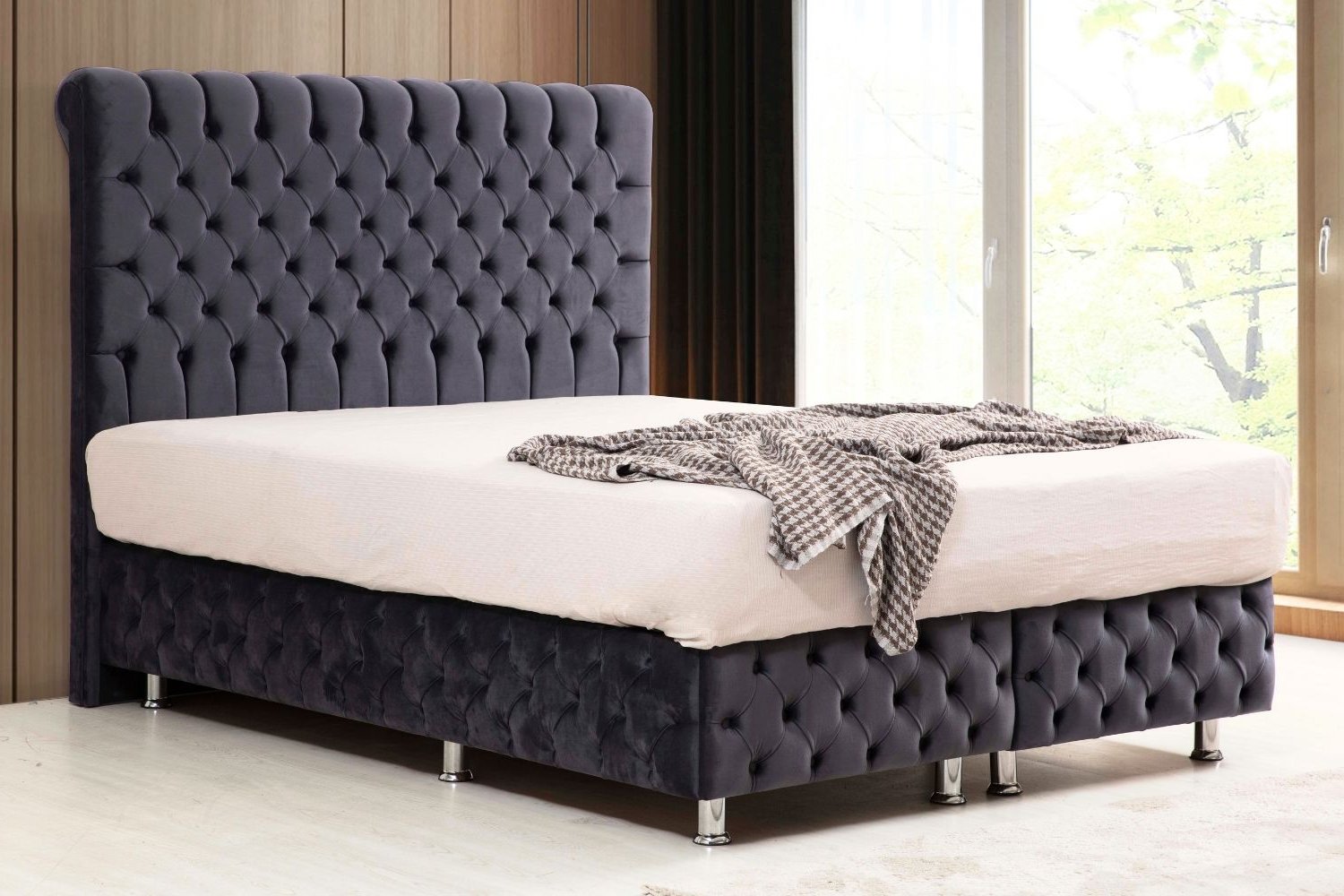 Lit Coffre en velours gris anthracite capitonné LUNA