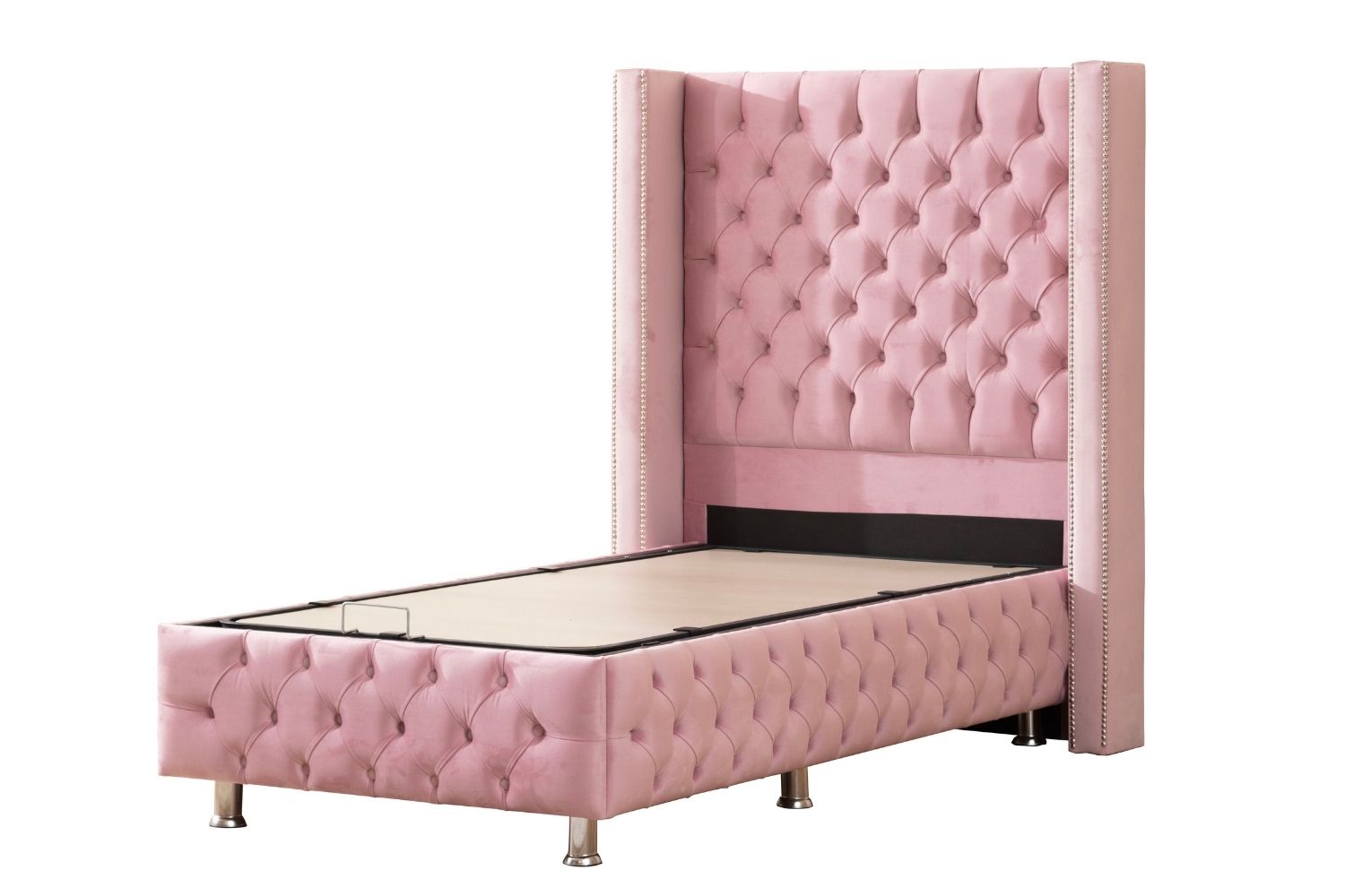 Lit Coffre Enfant en velours rose capitonné CLOUTE