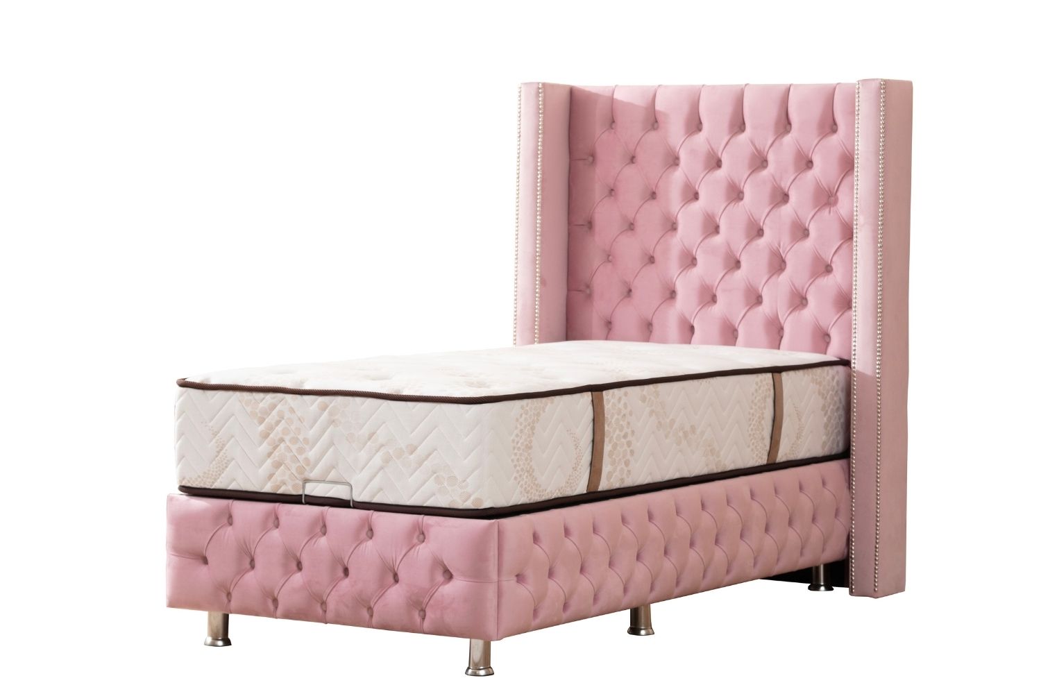 Lit Coffre Enfant en velours rose capitonné CLOUTE