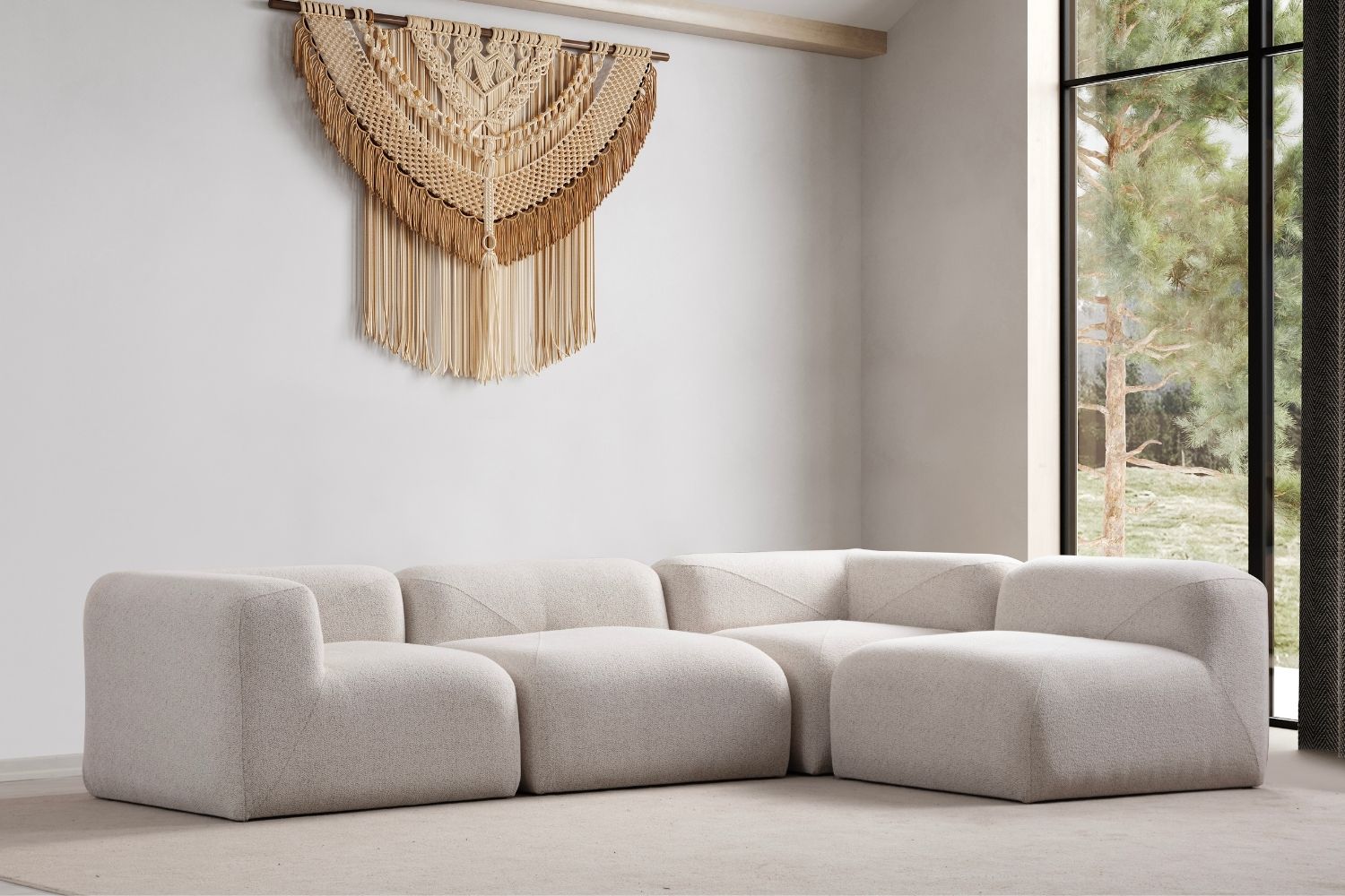 Canapé modulable 5 places en tissu chenille blanc cassé Chloe