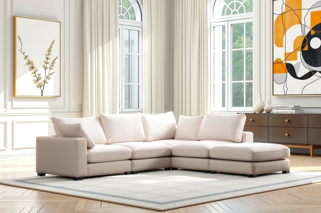 Canapé modulable 5 places velours blanc Agathe